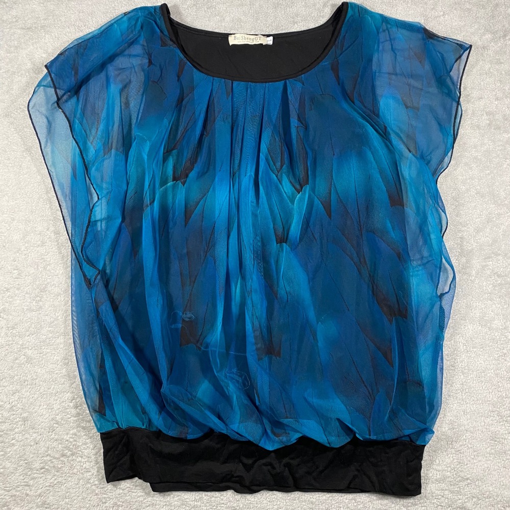 BaiShengGT Blouse Women Large Blue Feather Mesh Overlay Pleated Banded Hem Top